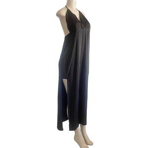 Women's Sides Mesh Panel Leg Split V-Neck Backless Slinky Halter Maxi Dress XL
